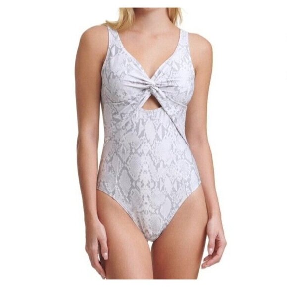 Dkny PEARL GREY Printed Peek-a-Boo Twist One Piece Swimsuit. Size 8. NWT $118 - Picture 1 of 4